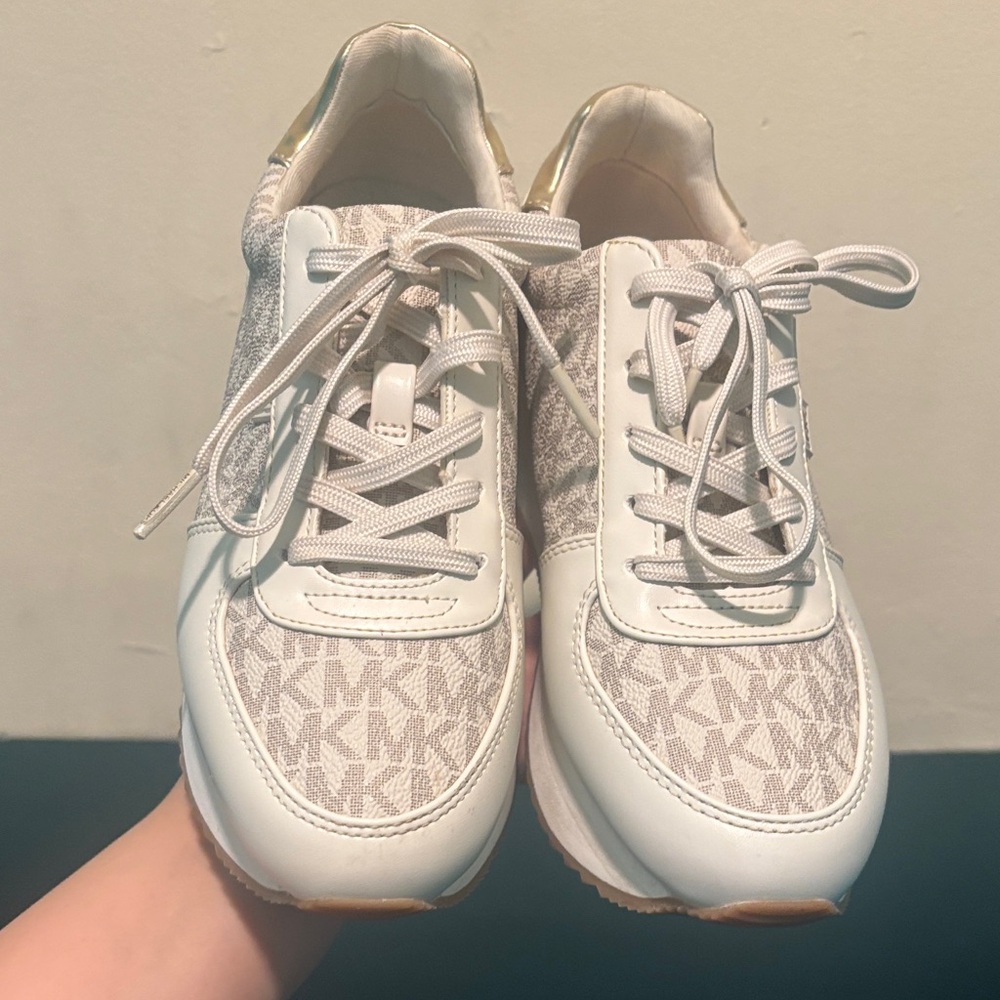 Michael Kors Cream and Gold Logo Wedge Sneakers - Picture 3 of 8